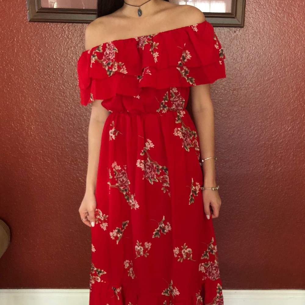 Red floral off the shoulder dress